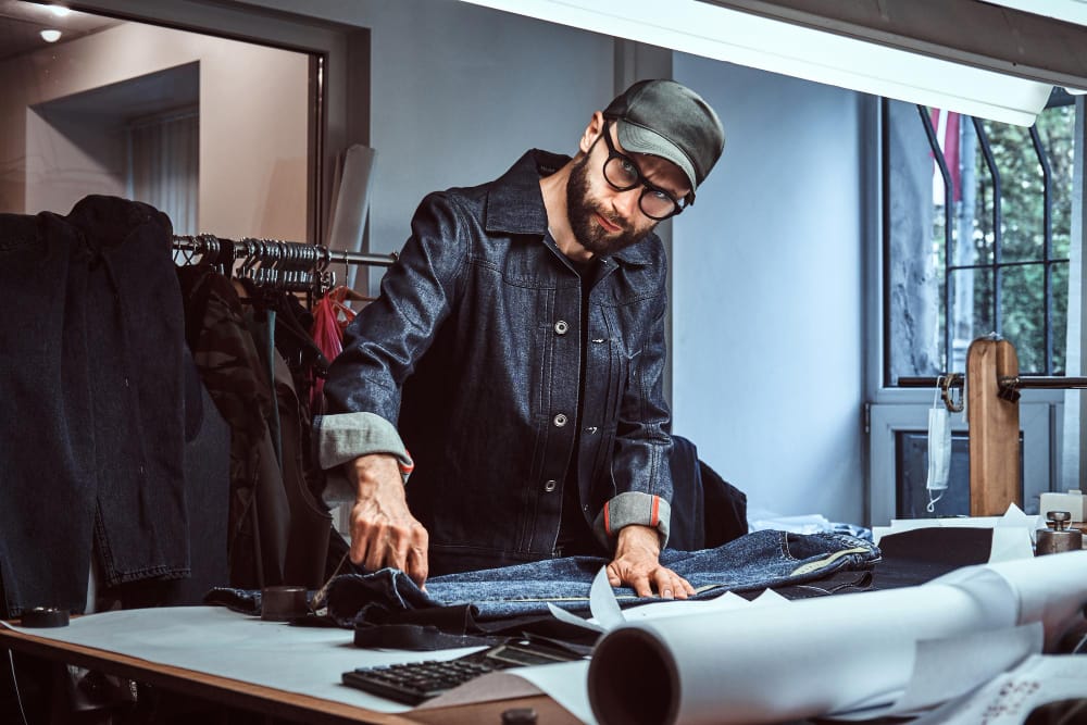 dressmaker-is-measuring-fabric-with-meter-his-studio-man-is-looking-camera-he-is-wearing-denim-cap-glasses-there-are-lot-sewing-tools-background