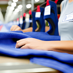 Clothing production factory that has small british flags in the background